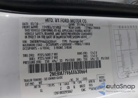 2010 Mercury Grand Marquis Ls (Fleet Only) из США, поврежденный, VIN 2MEBM7FV6AX630664